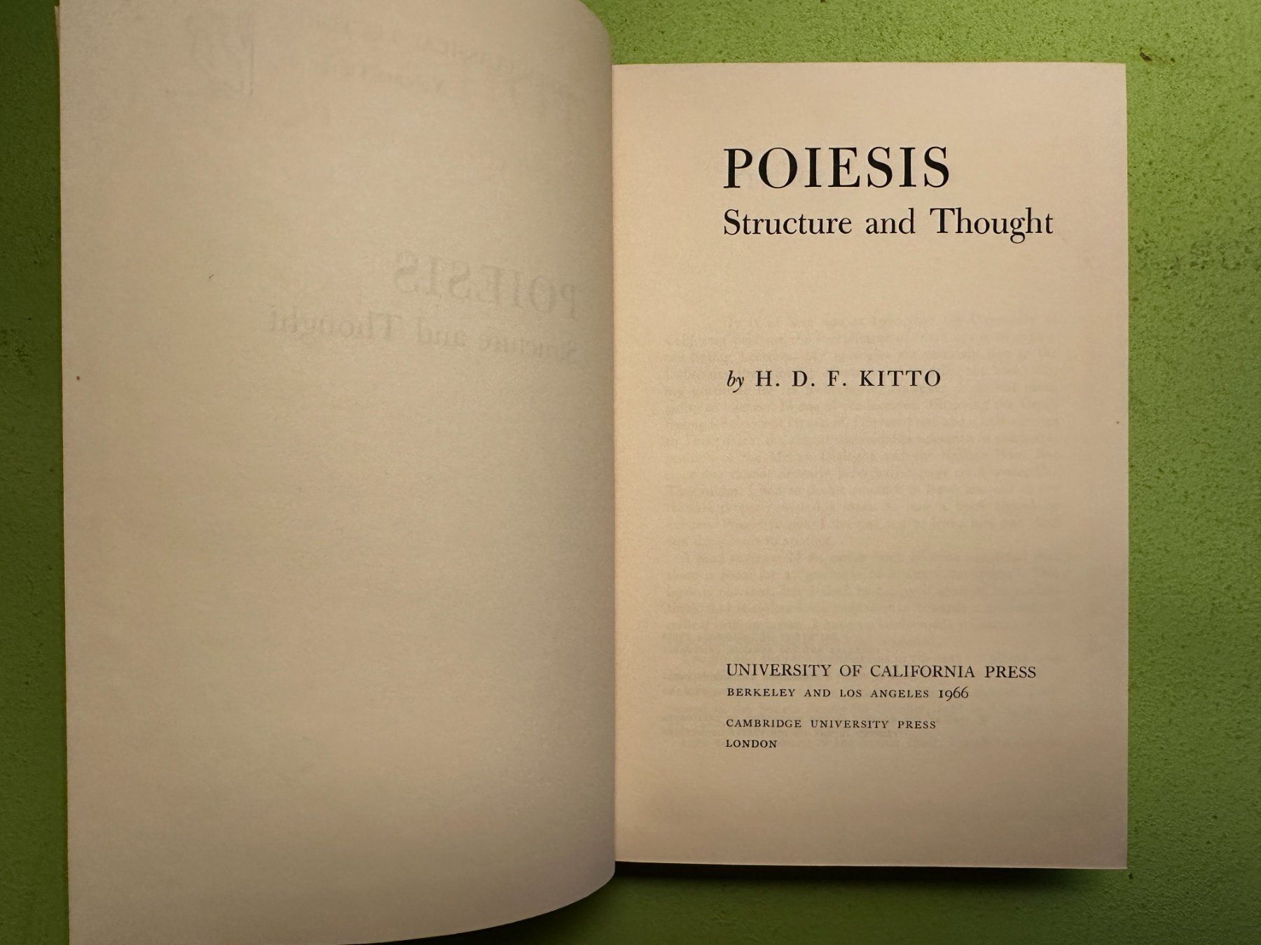 Libri: H.D.F. Kitto: Poiesis. Structure and Thought. 1966 – Usato da Zürich venduto da allp 3