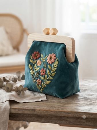 Handbag green embroidered heart floral wood clasp closure