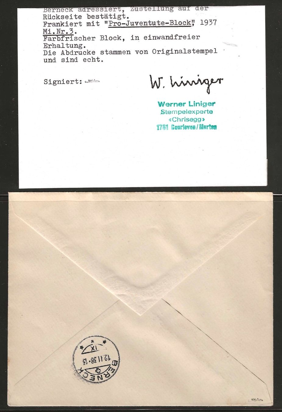 Alle Briefmarken: Pro Juventute Block 1937 auf Brief - mit Attest – Gebraucht aus Gümligen von Geniusbuy 1