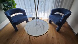2x Sessel dunkelblau, 1x Beistelltisch Marmoroptik,neuwertig