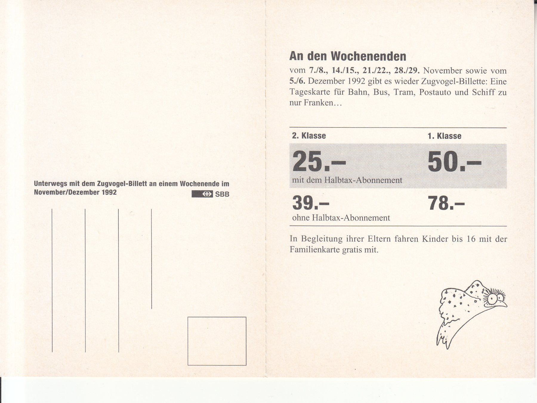 Cartoline postali: Zugvogel Billette SBB 1992 – Nuovo (secondo la descrizione) da Bürglen TG venduto da StampGraf 1