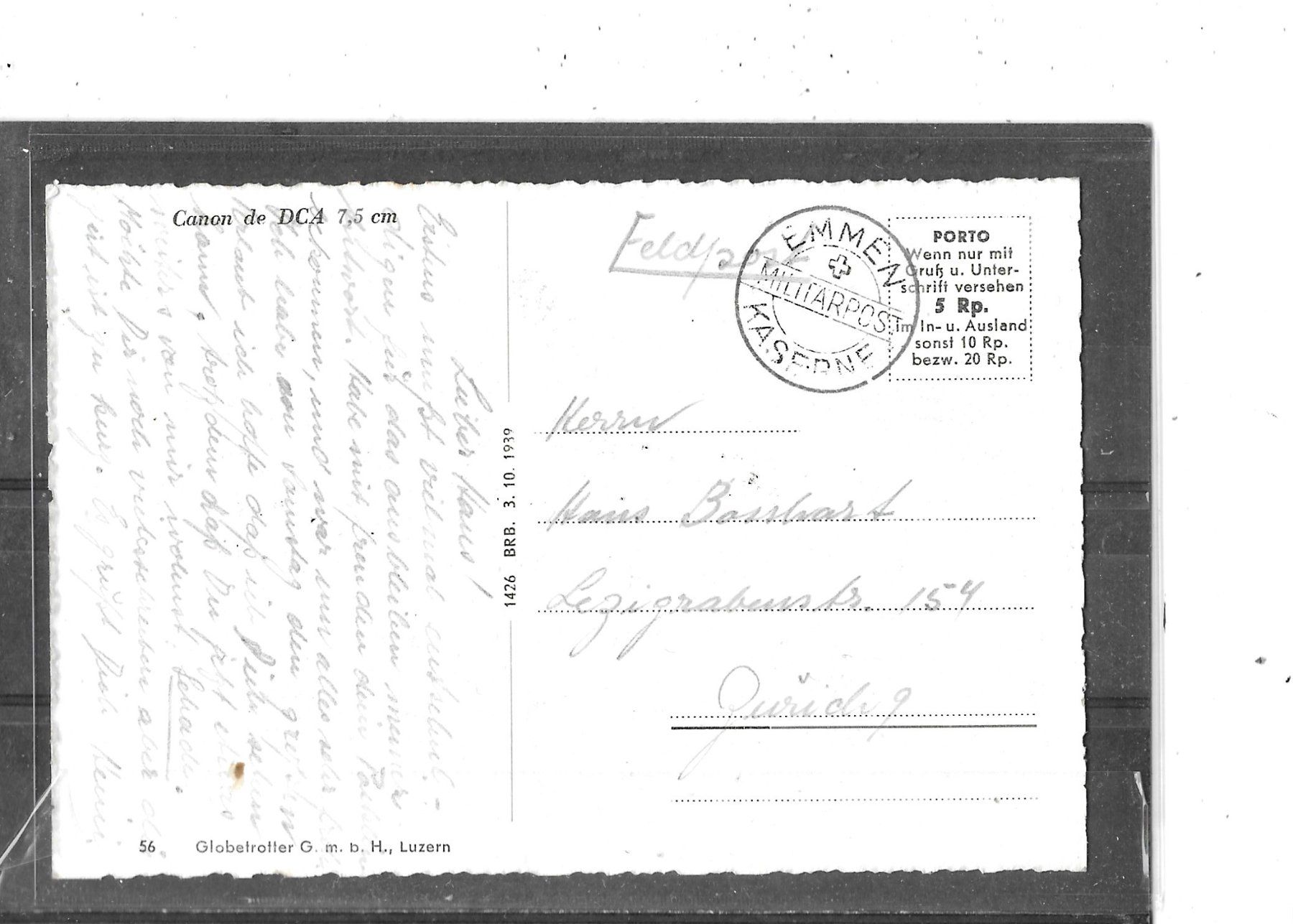 Cartoline postali: Ansichtskarte Militär 7.5 cm Flab.Kanone – Usato da Schocherswil venduto da Wilare 1