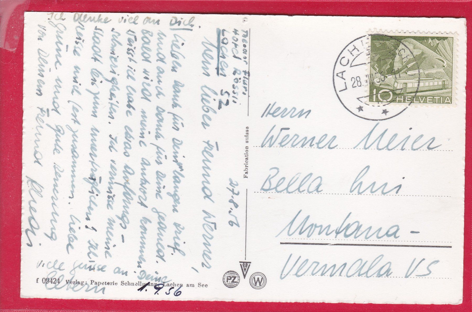 Cartoline postali: LACHEN AM SEE, 28.8.1956 – Usato da Oberrieden venduto da Gebirgsstelze 1