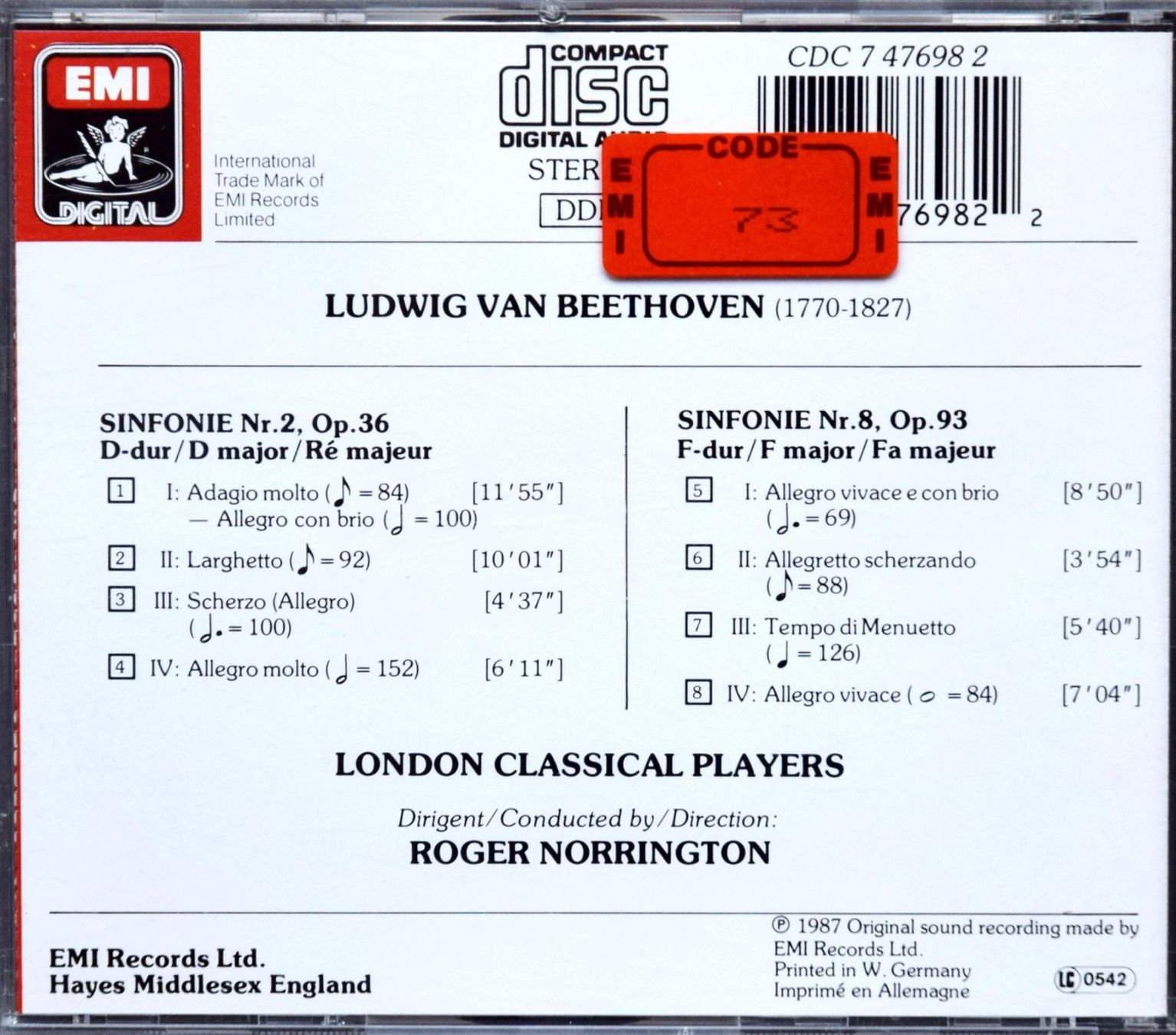 CD: Beethoven-Symphonie 2 & 8 Norrington - CD – Usato da Niederhelfenschwil venduto da Rol9527 1