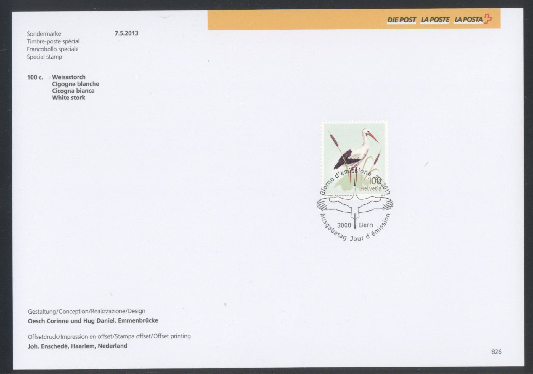 Tutti i francobolli: 2013, Sammelblatt, Weissstorch, Nr. 826 – Usato da Willisau venduto da Vollstempel