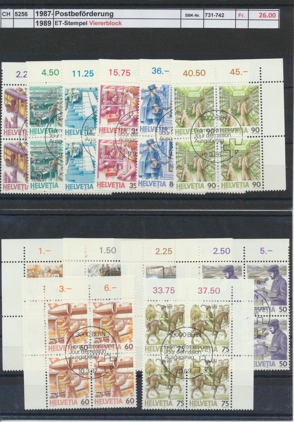 Alle Briefmarken: 1987/89 "Postbeförderung", Viererblock, ET - Stempel – Gebraucht aus Winterthur von Zupogeru