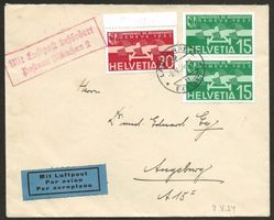 Flugpost Schweiz 1934 Lausanne Bern Zürich München Luftpost