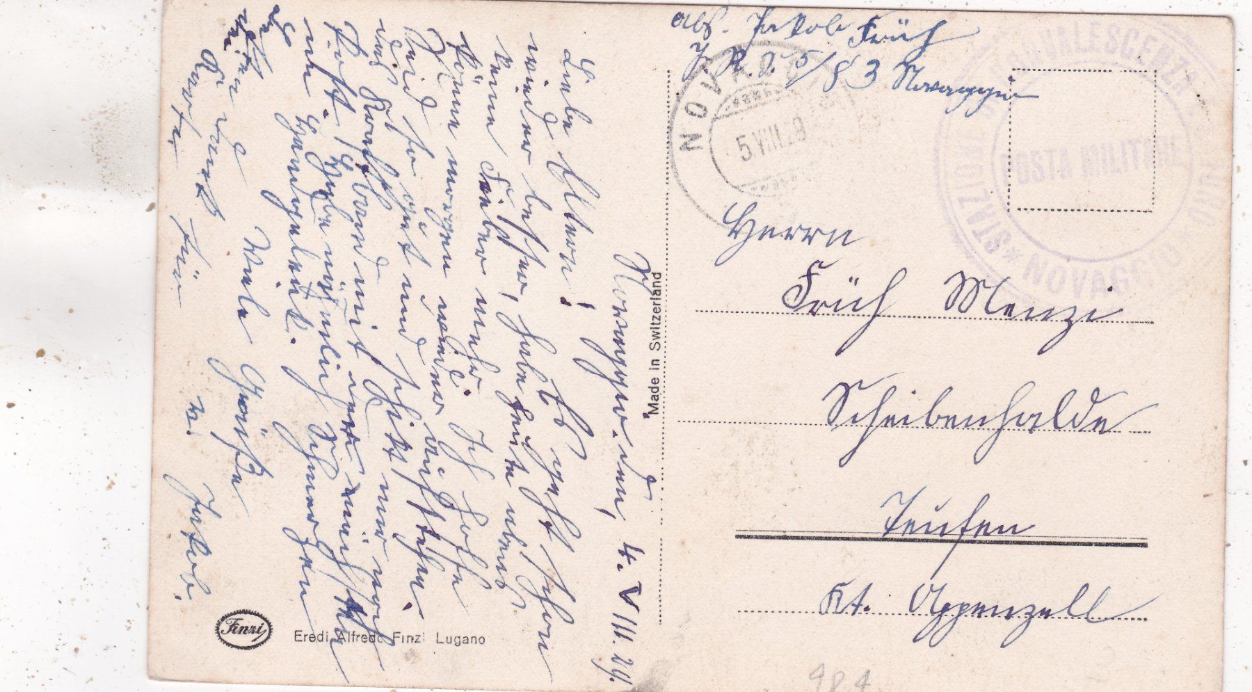 Cartoline postali: Novaggia Clinica Militaire 1929 – Usato da Herisau venduto da Lisegrat2008 1