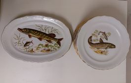 Edle vintage Teller-Set mit Fischmotiven, Speiseteller