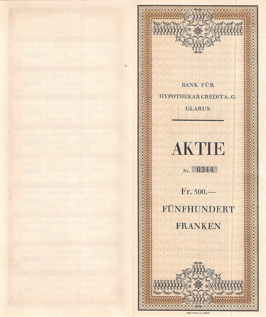 Banconote: Aktie HYPOBANK GLARUS 500.-- NONVALEUR, ab 1.-- – Usato da Winterthur venduto da SchatzchischtliWinti 2