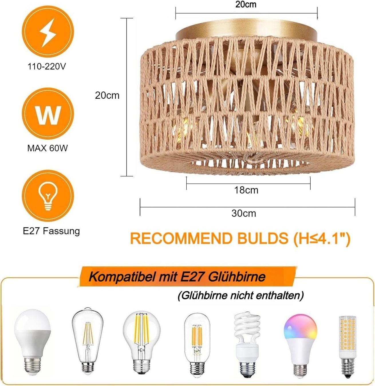 Lustres & lampes de plafonds: Deckenlampe Boho 3-flammig Rattan Vintage E27 Wohnzimmer – Neuf avec emballage d'origine à Hallau par Sale50OFF 3