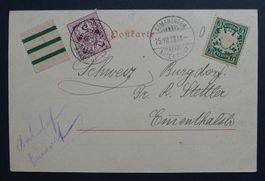 1898, Postkarte doppelt frankiert, DE + CH Lindau-Romanshorn
