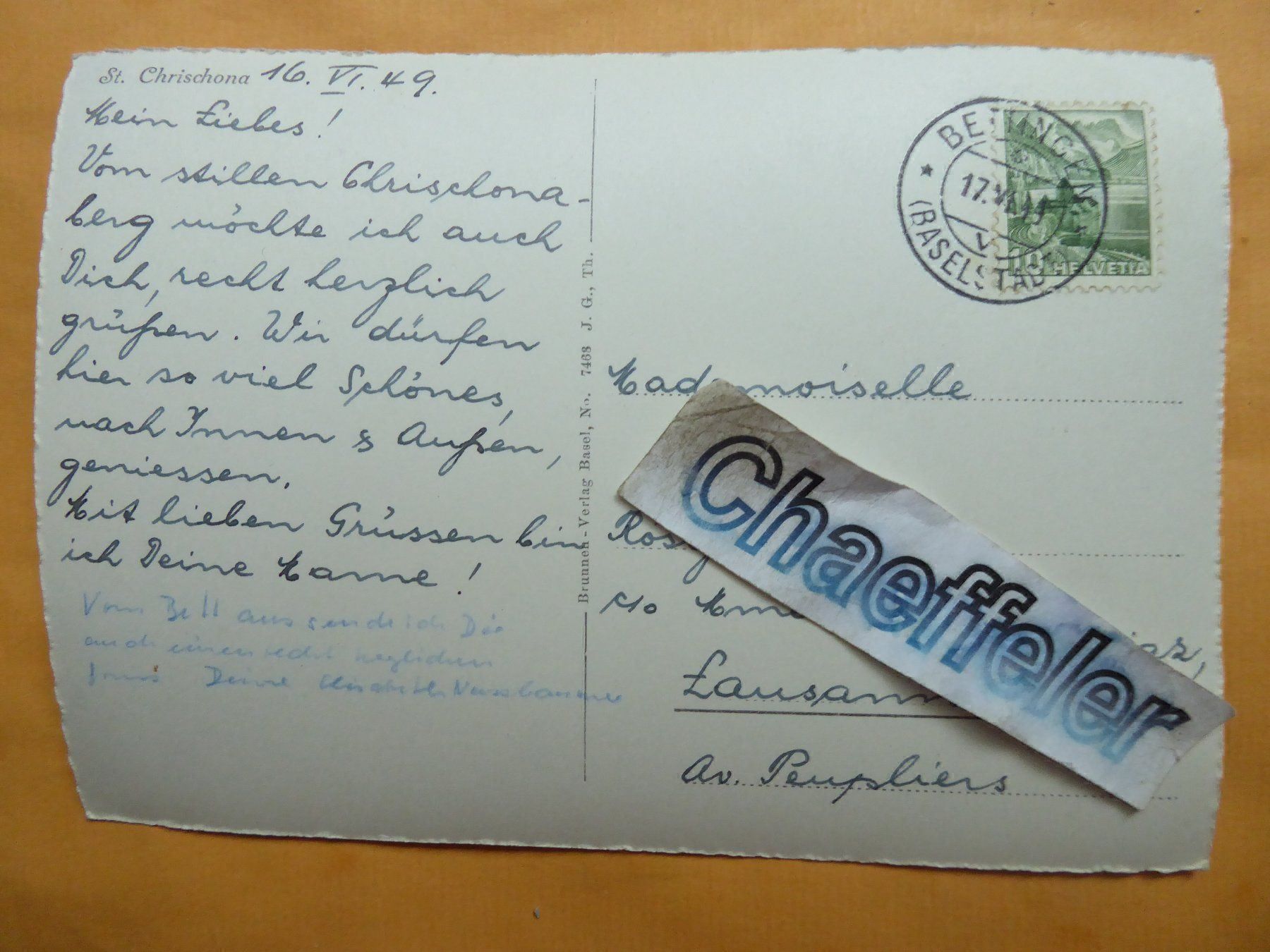 Cartoline postali: 1949 St. Chrischona – Usato da Zürich venduto da Chaeffeler 1