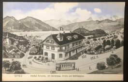 Litho SPIEZ Hotel Krone mit Dorfstrasse, Schiffstation, Tram