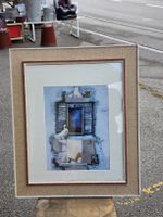 Bild gerahmt Rosina 1982 Taube Fenster Motiv blau. 