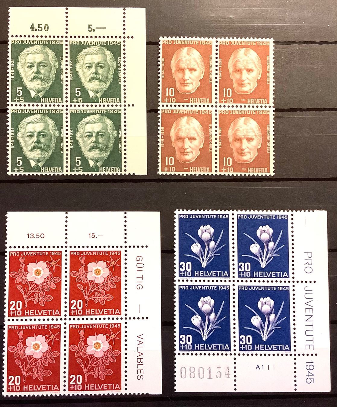 Alle Briefmarken: 1945  Pro Juventute Viererblöcke Satz ** – Neu (gemäss Beschreibung) aus Liestal von Skunk02