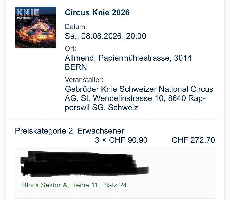 Biglietti: Tickets Zirkus Knie Bern – Usato da Hünibach venduto da scb-tix