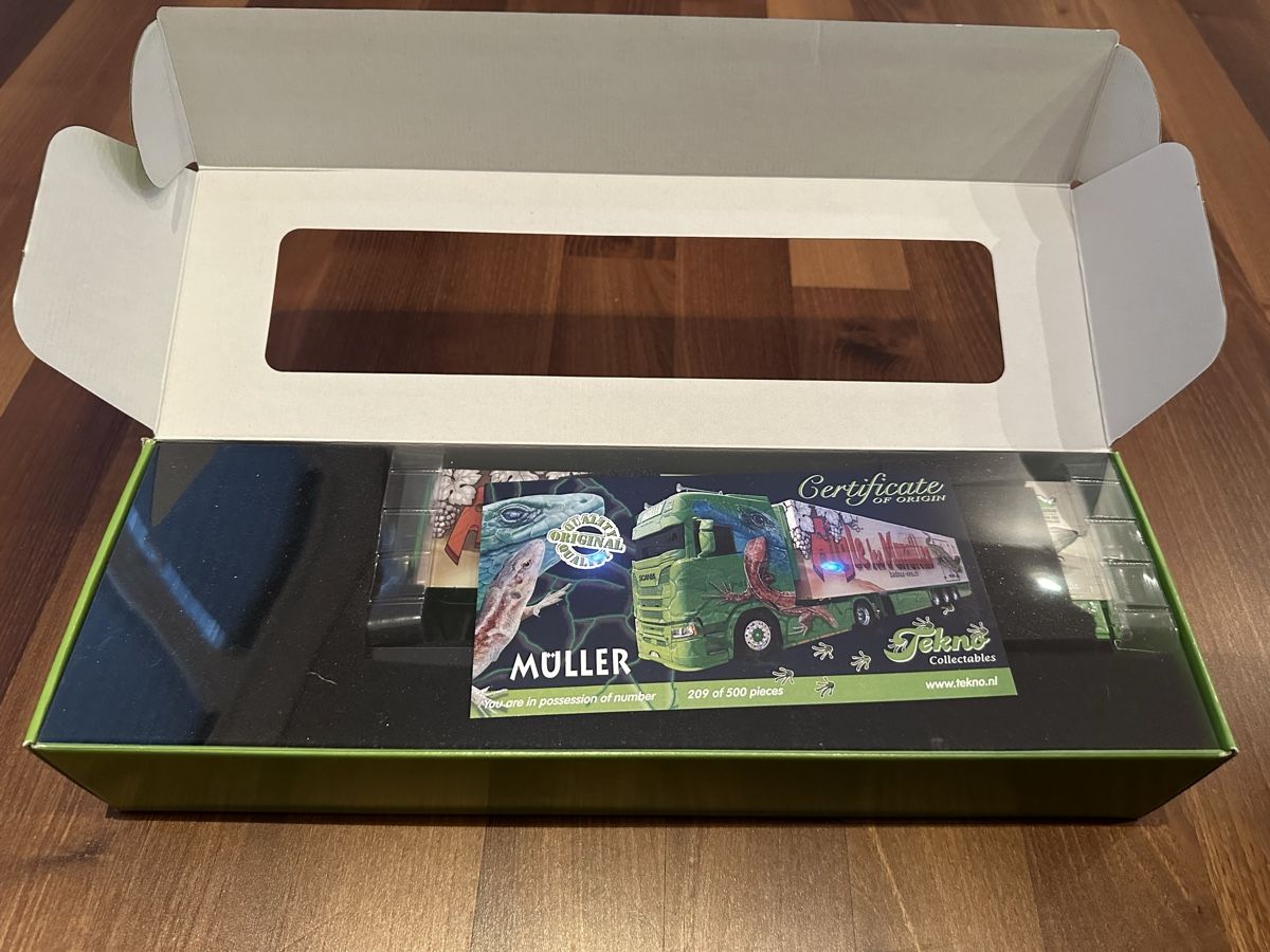 Tekno Kit di modellismo & Modellini statici: Tekno 1:50 Scania Müller Ermensee – Nuovo e nell'imballaggio originale da Oberwil BL venduto da AuM03 2