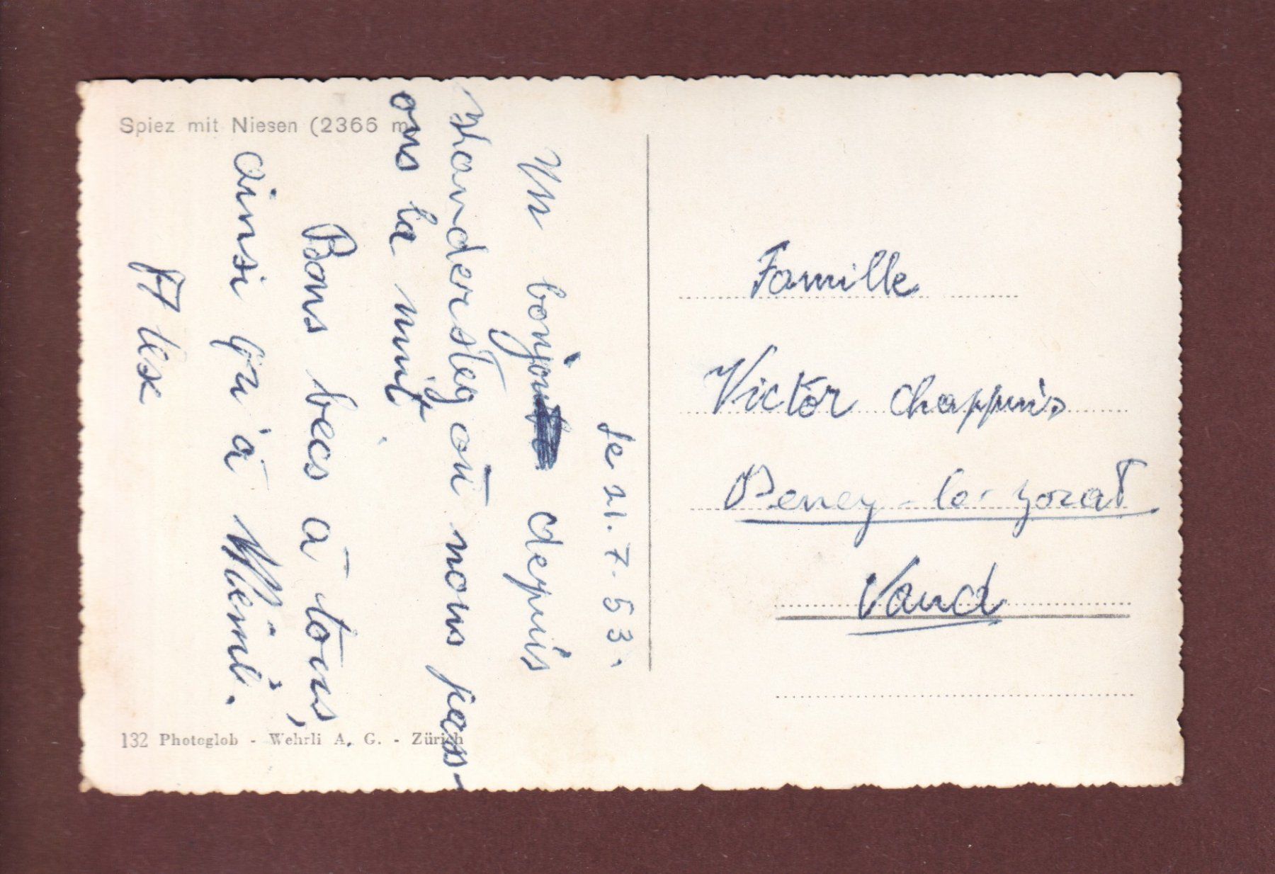 Cartoline postali: SPIEZ mit Niesen - 1953 – Usato da Pully venduto da nicecards 1