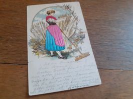 KITSCH - PRAEGEKARTE - FRAU mit RECHEN - 1906 - KOL.