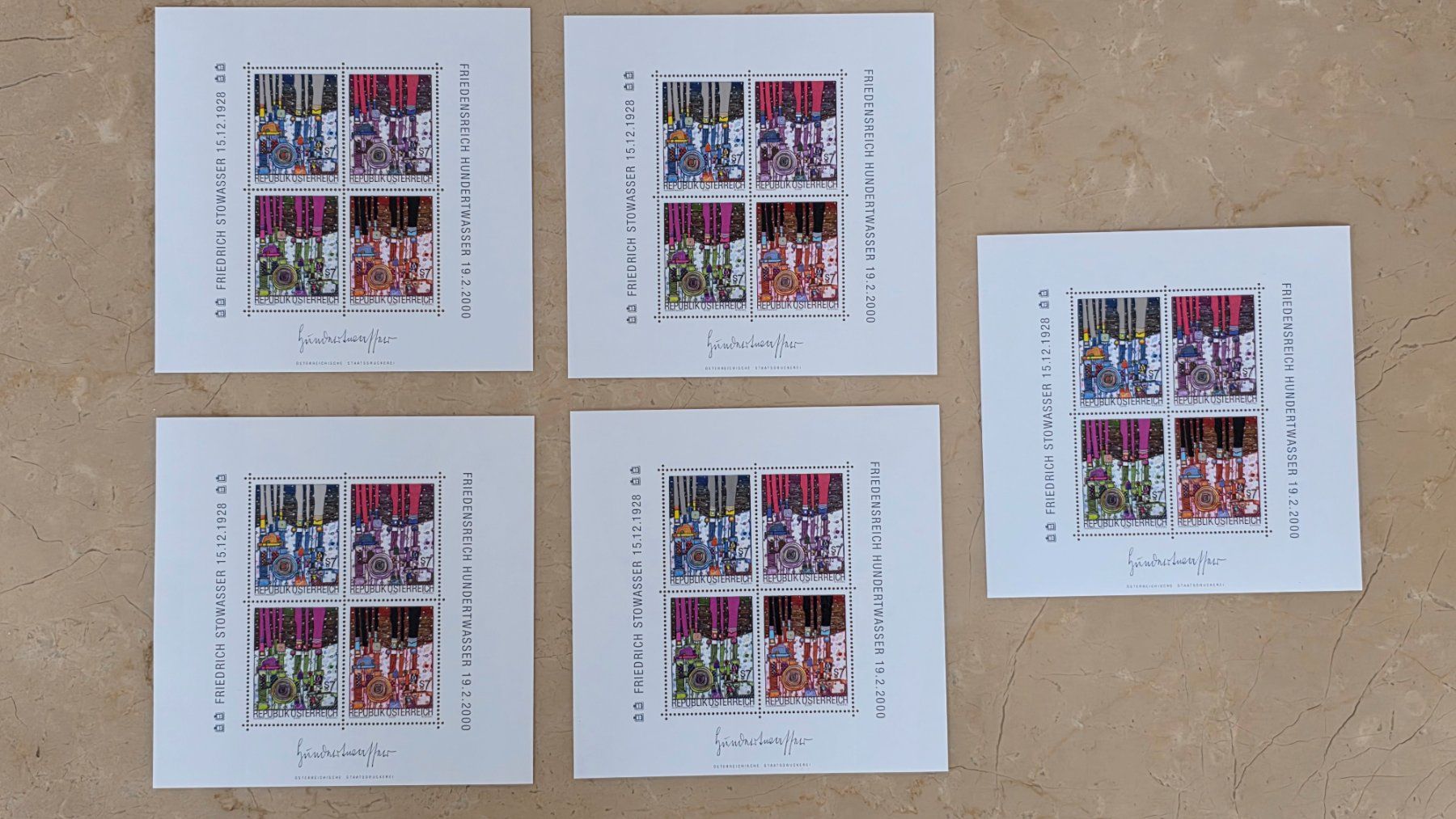 Tutti i francobolli: 5 Friedensreich Hundertwasser Sonderblocks 2000 postfrisch – Nuovo (secondo la descrizione) da Feusisberg venduto da ajjcrf44