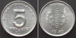 DDR 5 Pfennig 1950 A Alu J.1502 prägefrisch, ERHALTUNG! unz