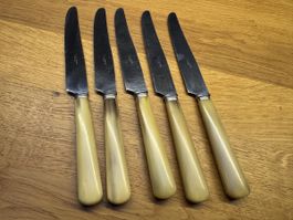 5 antike Horn Messer von Theodor Meyer Vintage, Top Zustand!