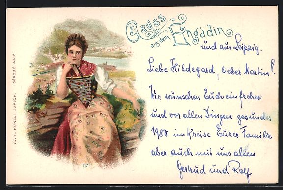 Ansichtskarten: Litho Schweizerin in Tracht aus Engadin – Gebraucht aus Berlin von bartko-reher