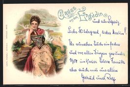 Litho Schweizerin in Tracht aus Engadin