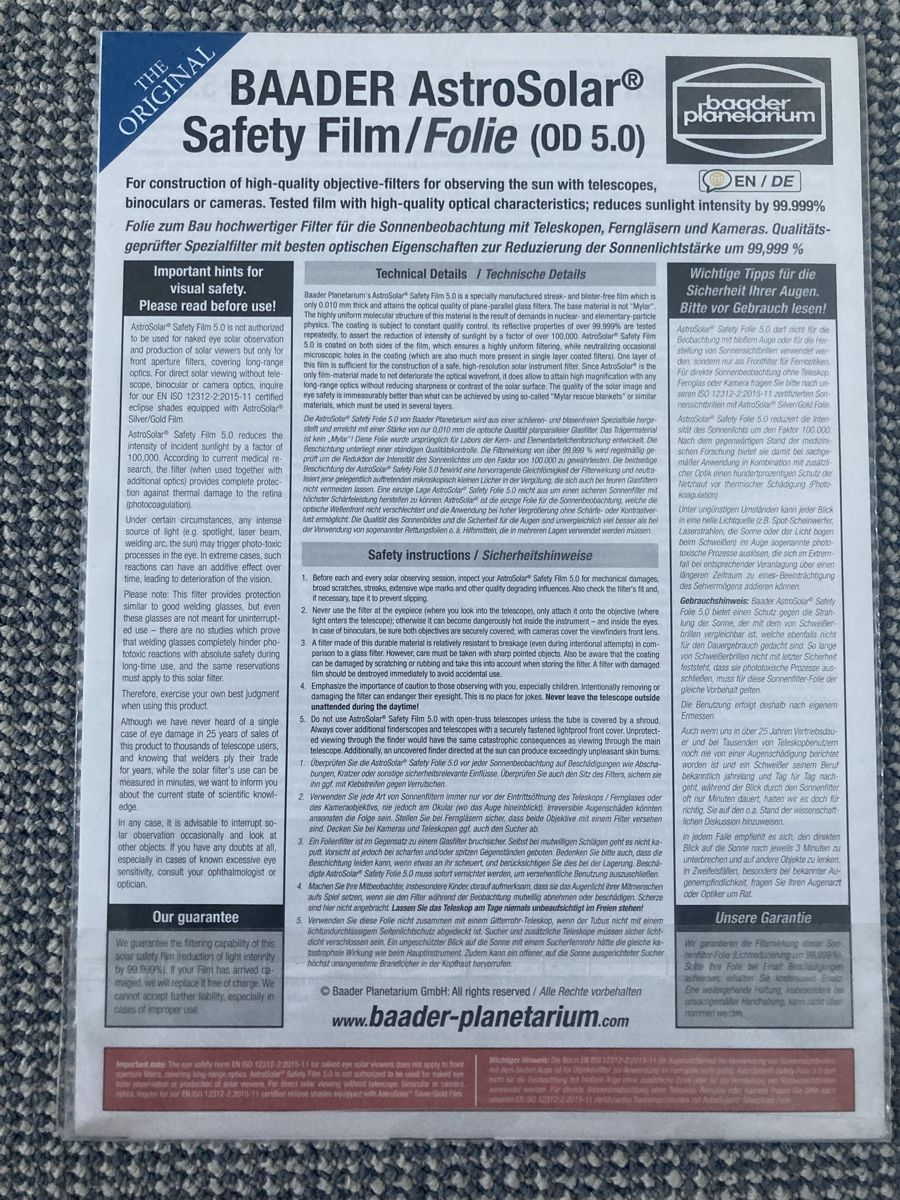 Lackretusche & Schutzfolien: Baader AstroSolar Safety Film – Neu und originalverpackt aus Kilchberg ZH von mar_pjx8 1