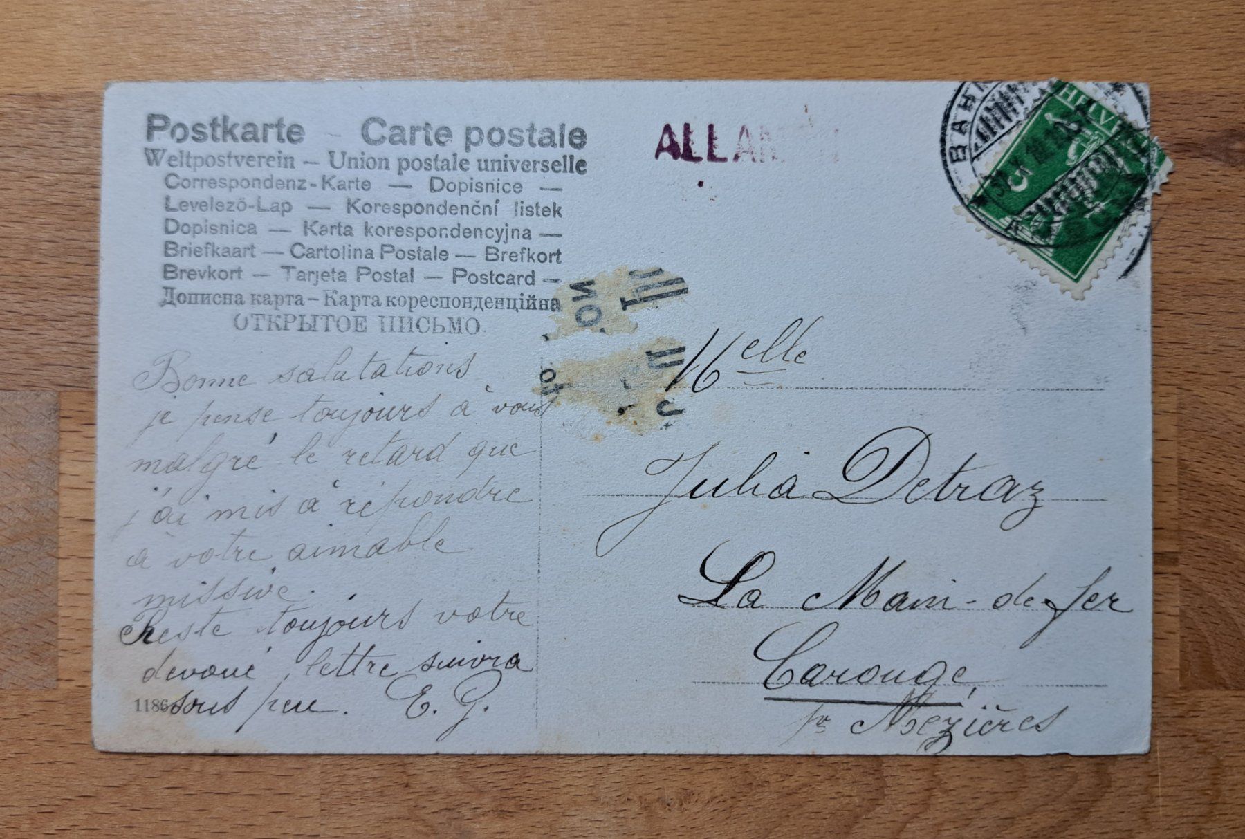 Cartoline postali: Postkarte Stabstempel Allaman 1910 – Usato da Unterägeri venduto da PhilatelieStudiger