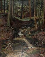 Hermann Huber. Waldlandschaft mit Bach. Öl auf Leinwand