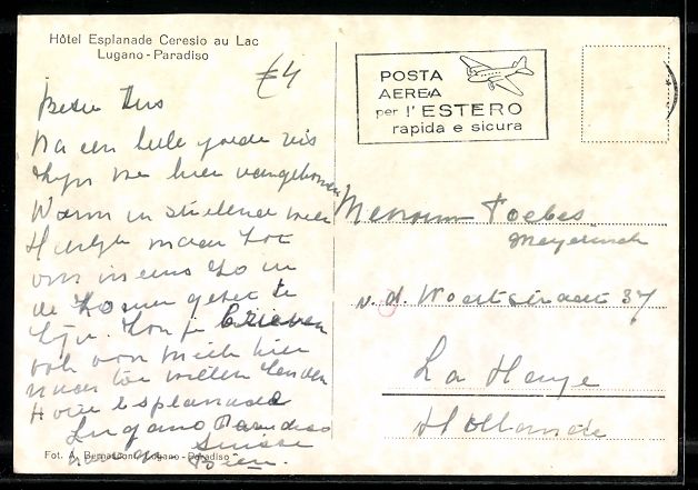 Cartoline postali: Paradiso, Hotel Esplanade Ceresio au Lac – Usato da Berlin venduto da bartko-reher 1