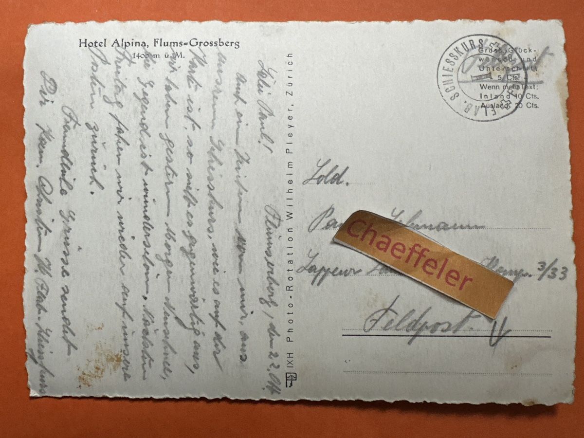 Cartoline postali: Feldpost: Hotel Alpina, Flums-Grossberg – Usato da Zürich venduto da Chaeffeler 1