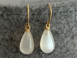 weisse Mondstein Ohrringe /Tropfen mit 18K Gelbgold