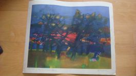 Lithographie Bäume 52 x 42 cm, signiert