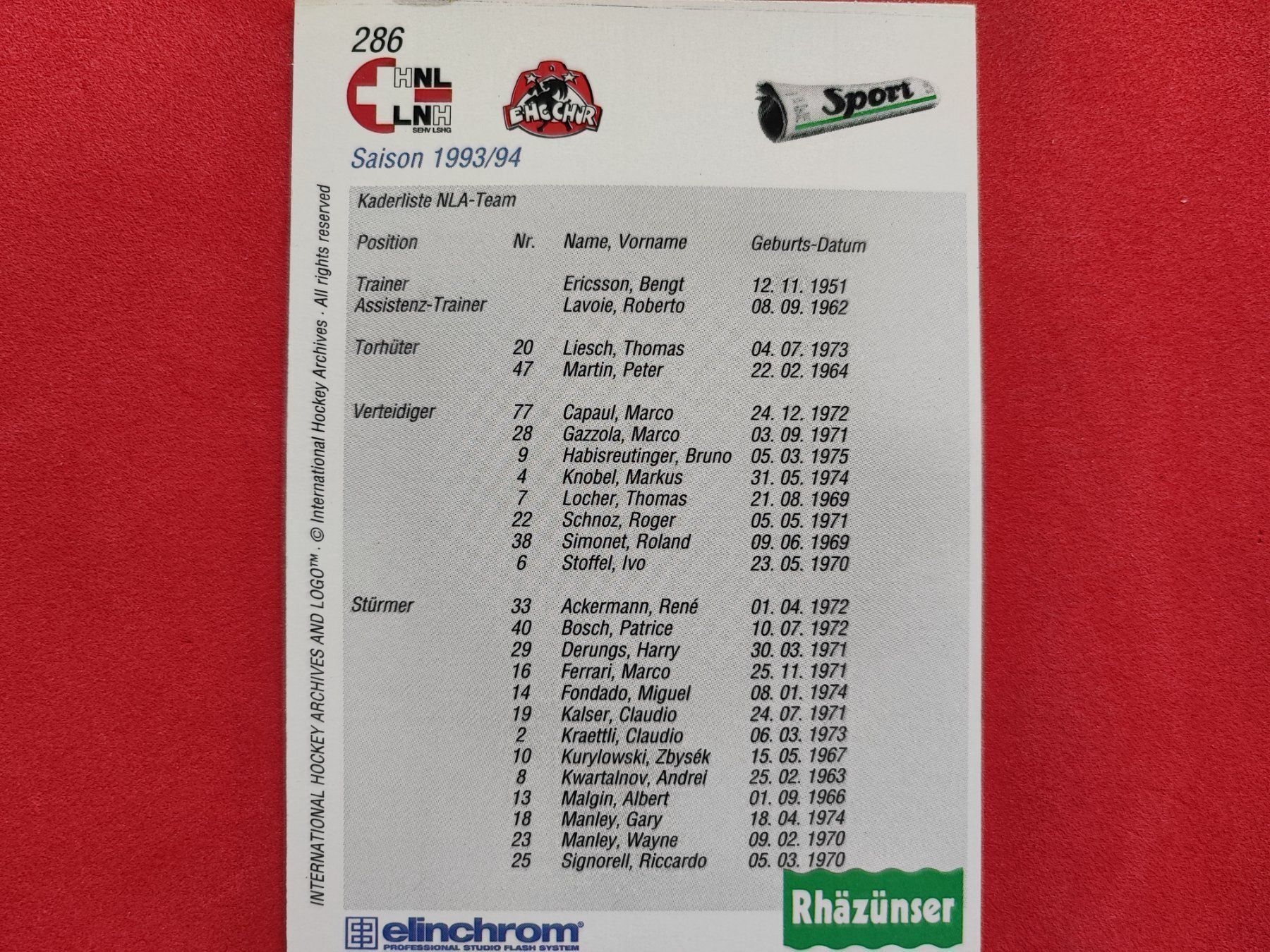 Carte collezionabili: EHC CHUR TEAM CARD - 1993/94 – Usato da Dübendorf venduto da kb86_MOVIE 1