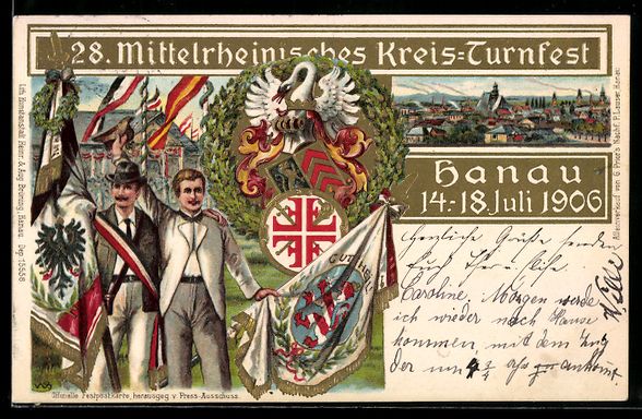 Cartoline postali: Litho Hanau, Kreis-Turnfest 1906, Sieger – Usato da Berlin venduto da bartko-reher