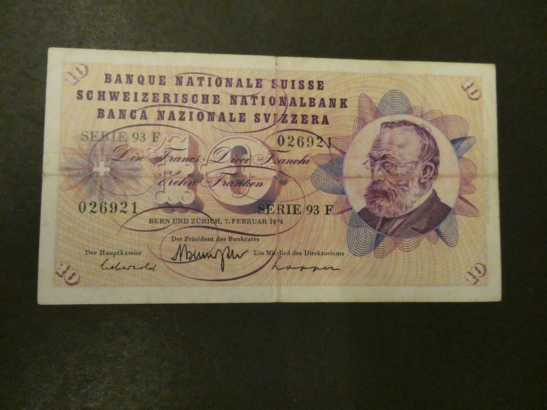 Banknoten: Schweiz 1974, 10 Franken – Gebraucht aus Hinterforst von Rohusri