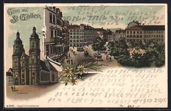 Ansichtskarten: Litho St. Gallen, Domkirche, Marktplatz  – Gebraucht aus Berlin von bartko-reher