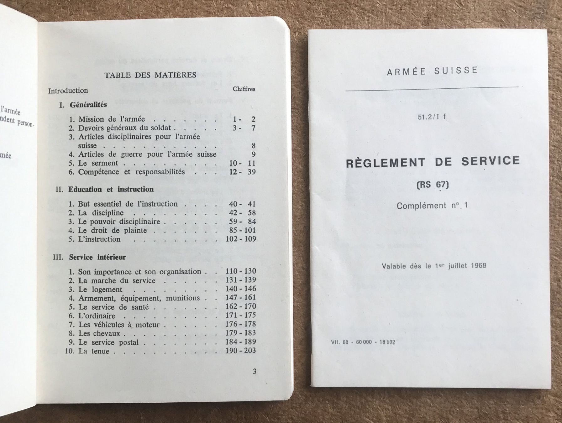 Schweizer Armee Armi bianche: ARMÈE SUISSE RÈGLEMENT DE SERVICE 1967 – Usato da Ostermundigen venduto da wini63 1