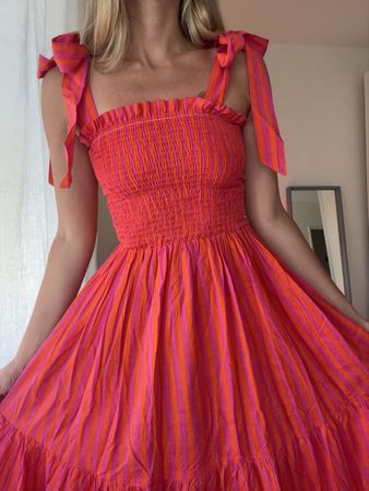 Abito donna in cotone righe fucsia e arancio con fiocchi