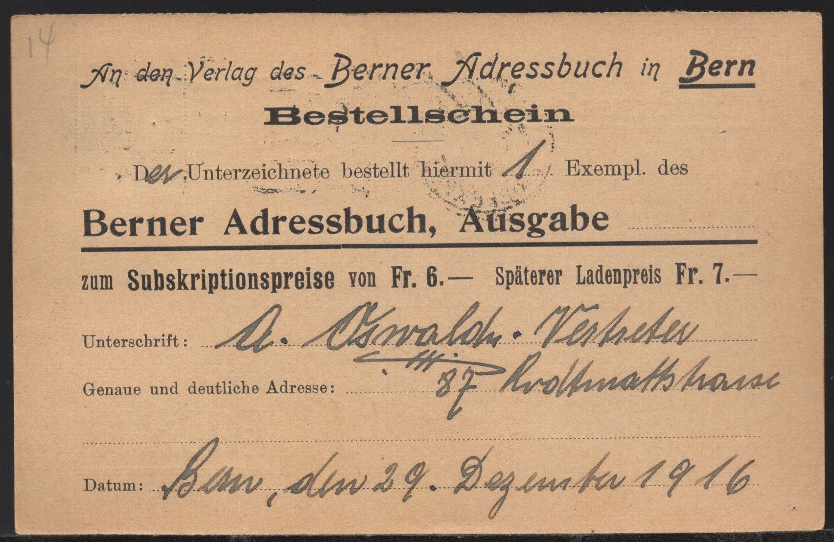 Tutti i francobolli: Adressbuch Stadt Bern  1917 – Usato da Aarau venduto da kufi44 3