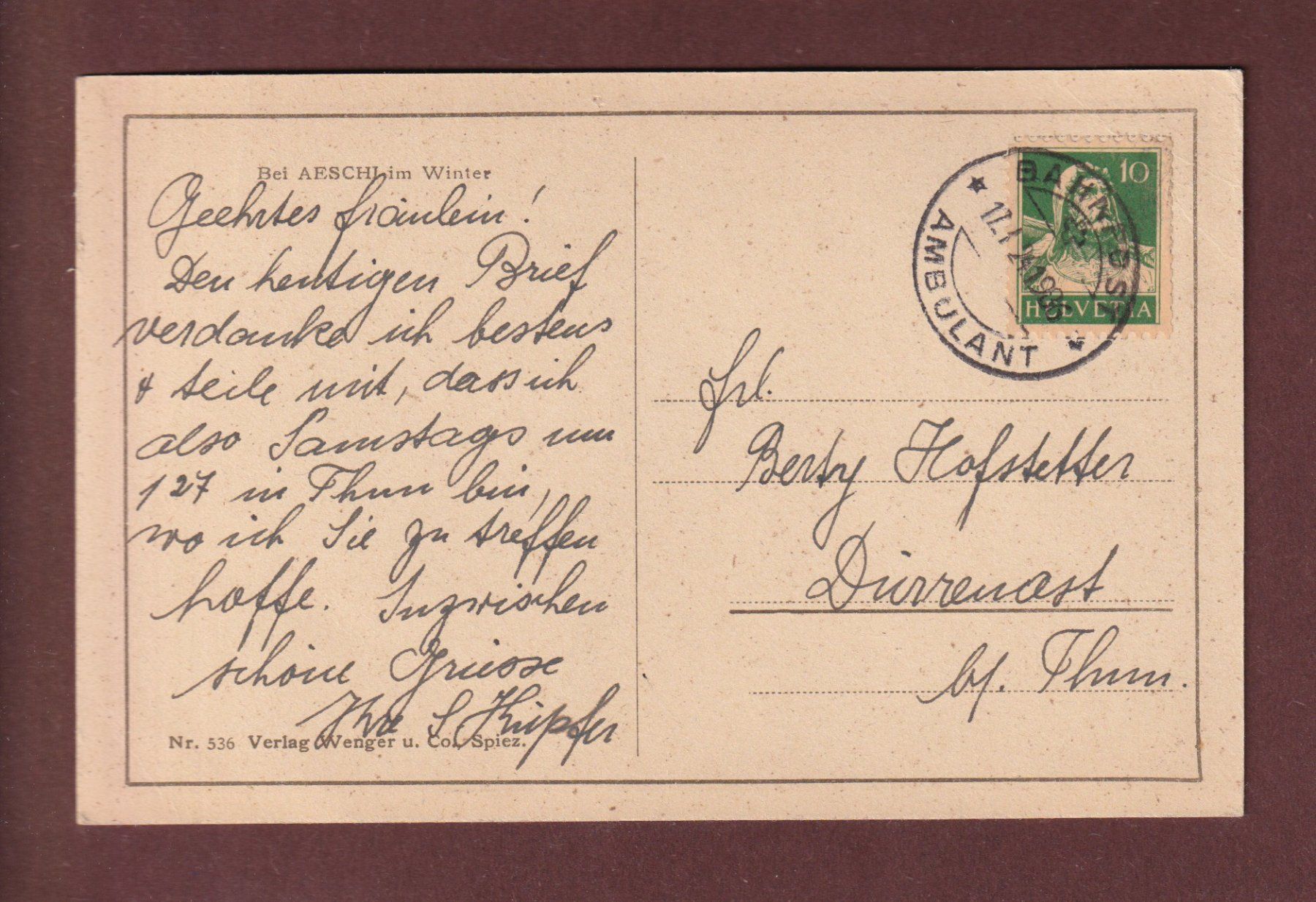Ansichtskarten: Bei AESCHI im Winter - 1924 – Gebraucht aus Pully von nicecards-shop 1