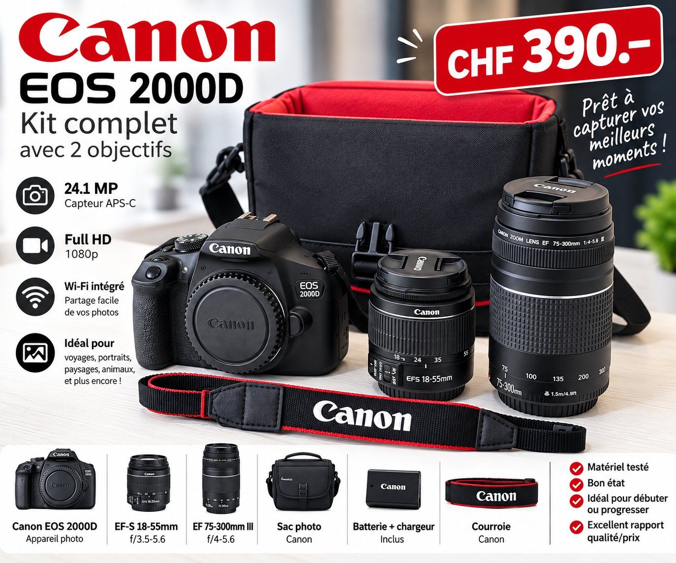 Canon Fotocamera: Canon EOS 2000D – Kit complet 2 objectifs – Usato da La Chaux-de-Fonds venduto da PoritoshP