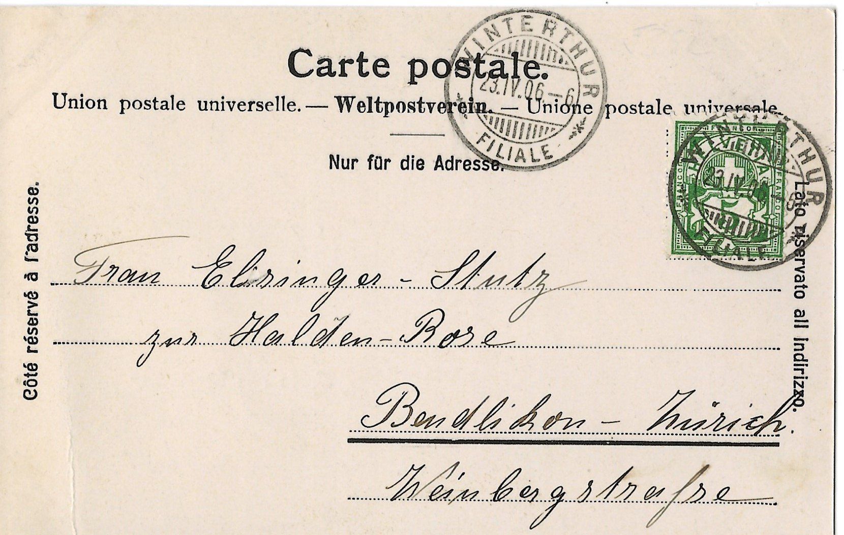 Ansichtskarten: Gruss aus Winterthur, 1906 – Gebraucht aus Frauenfeld von Merk52 1