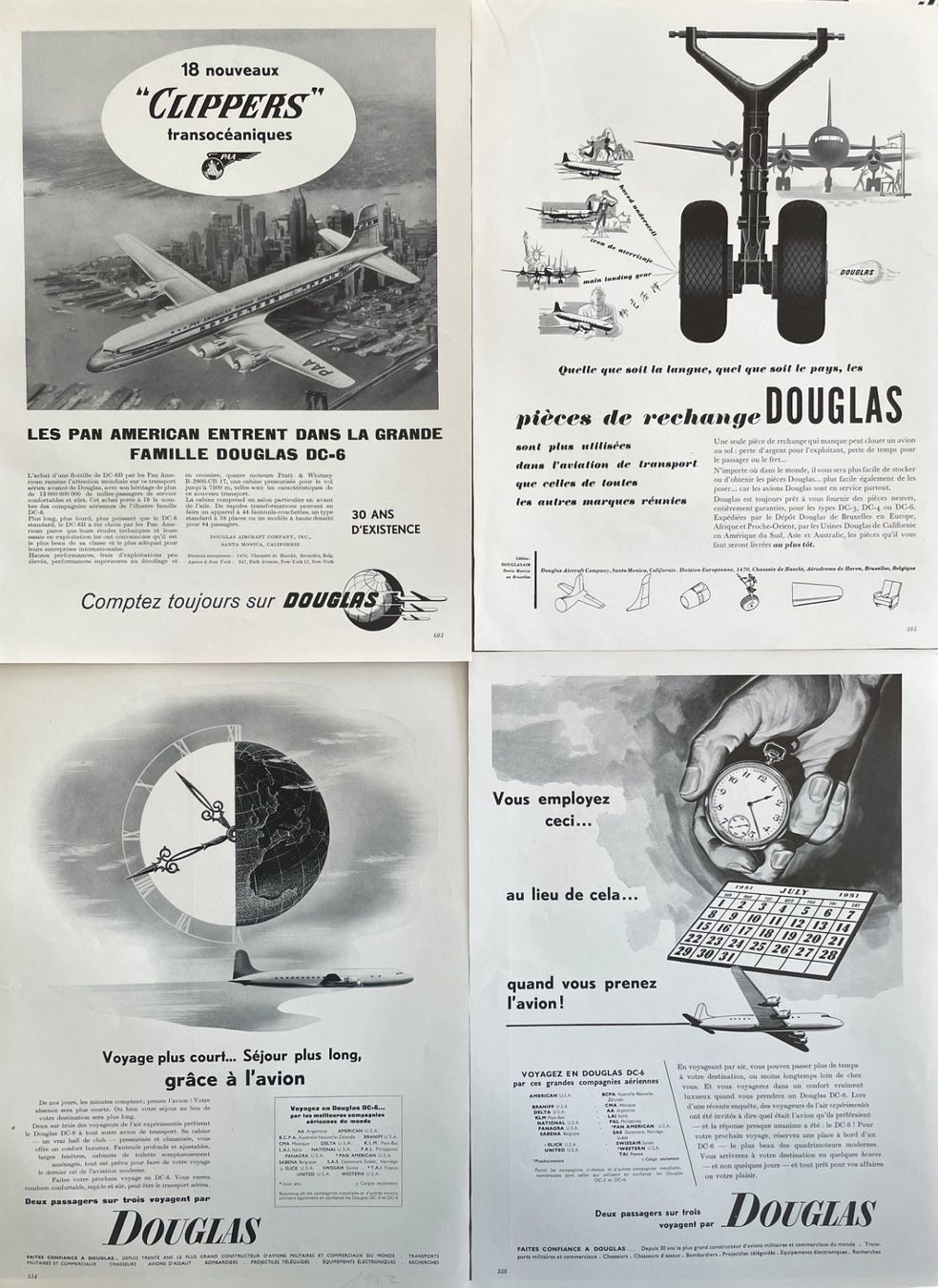 Poster & Bilder: Douglas Flugzeuge - 4 alte Werbungen / Réclames 1949/52 – Gebraucht aus Savagnier von Ne2065 1
