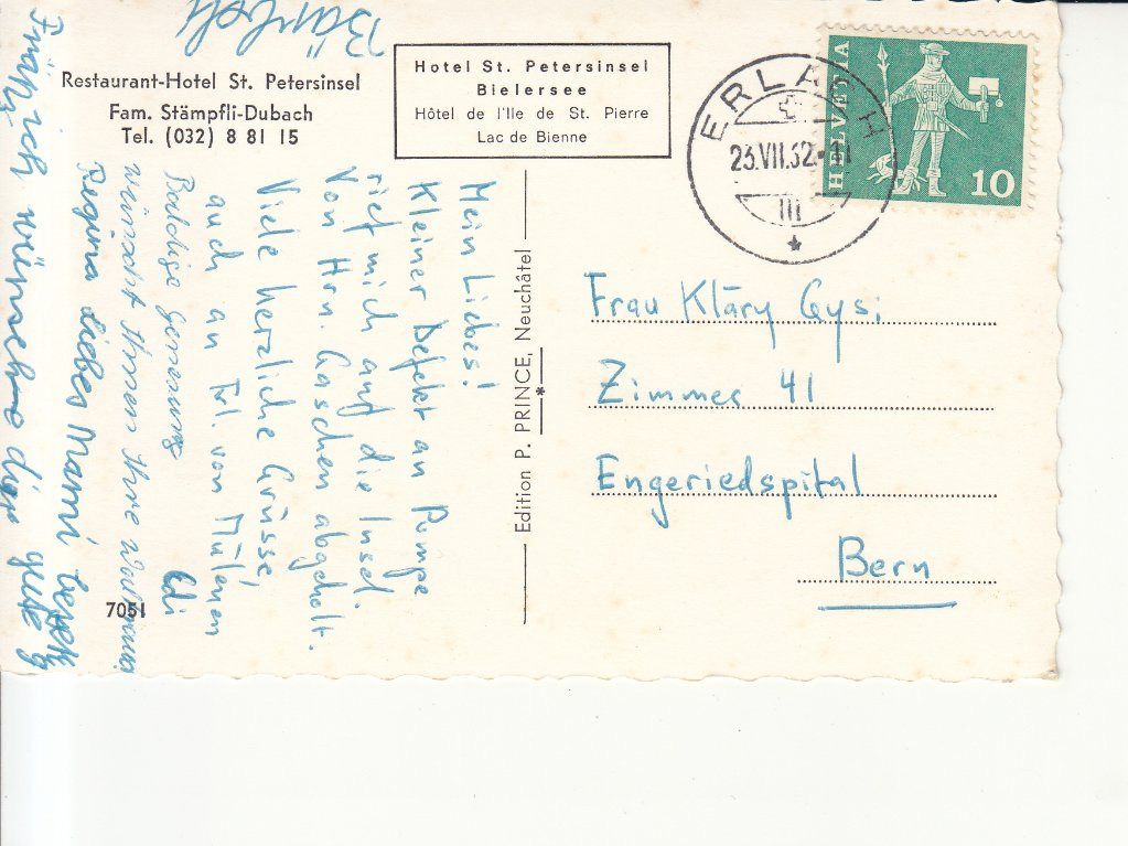 Cartoline postali: St. Petresinsel 1962 – Usato da Bürglen TG venduto da StampGraf 1