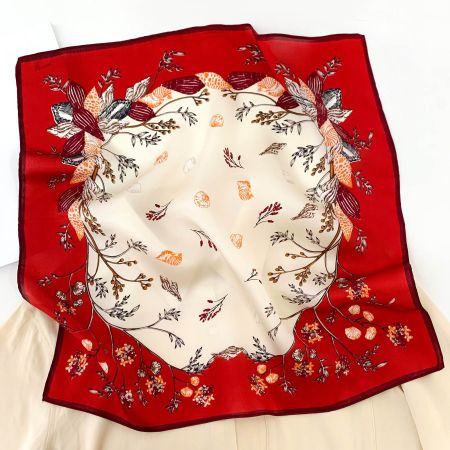New 53cm Silk Scarf Florals and Seashells Red Maroon Taupe