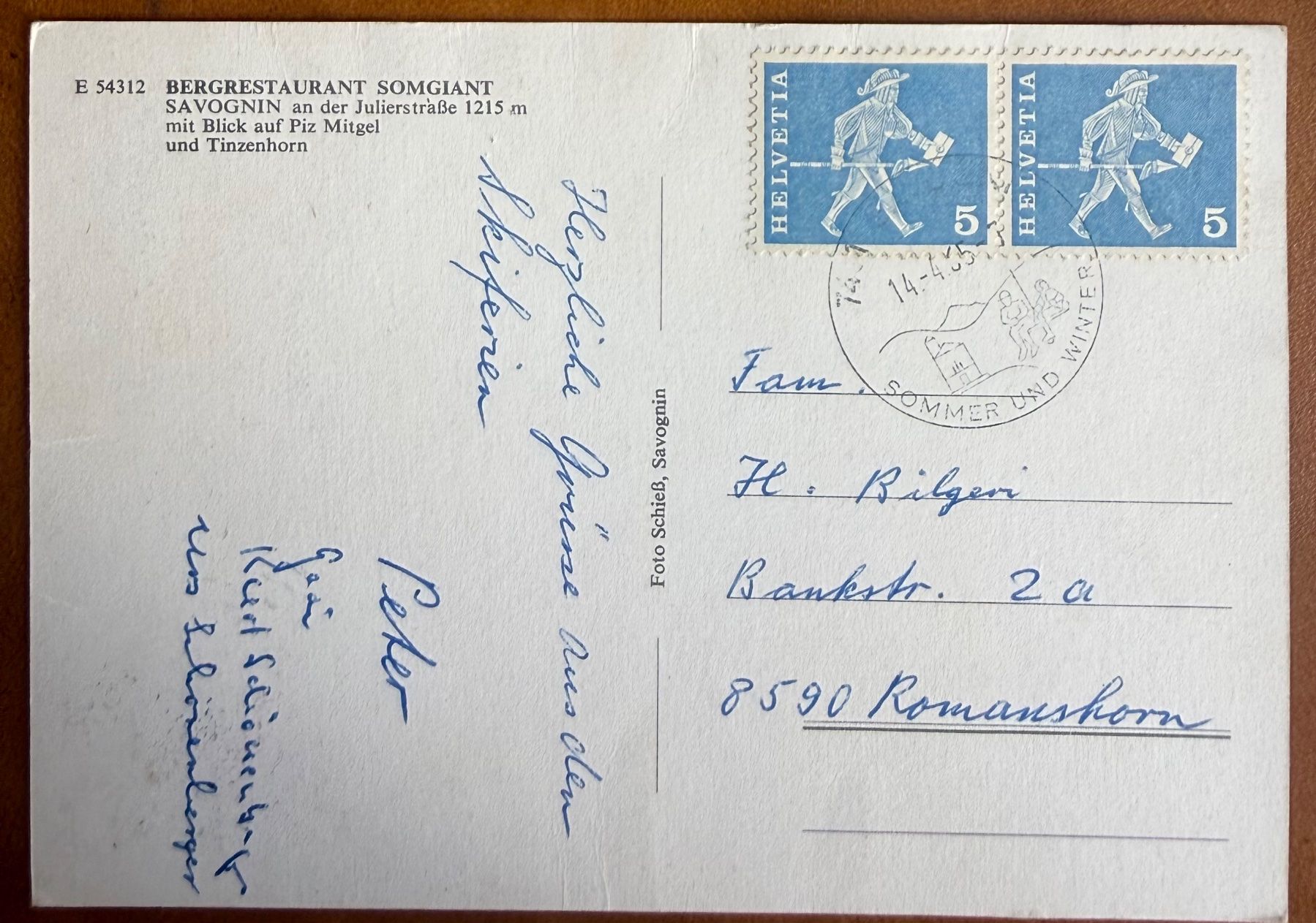 Cartoline postali: Savognin - Bergrestaurant  "Somgiant" 1965 – Usato da Lutry venduto da Ediego 1